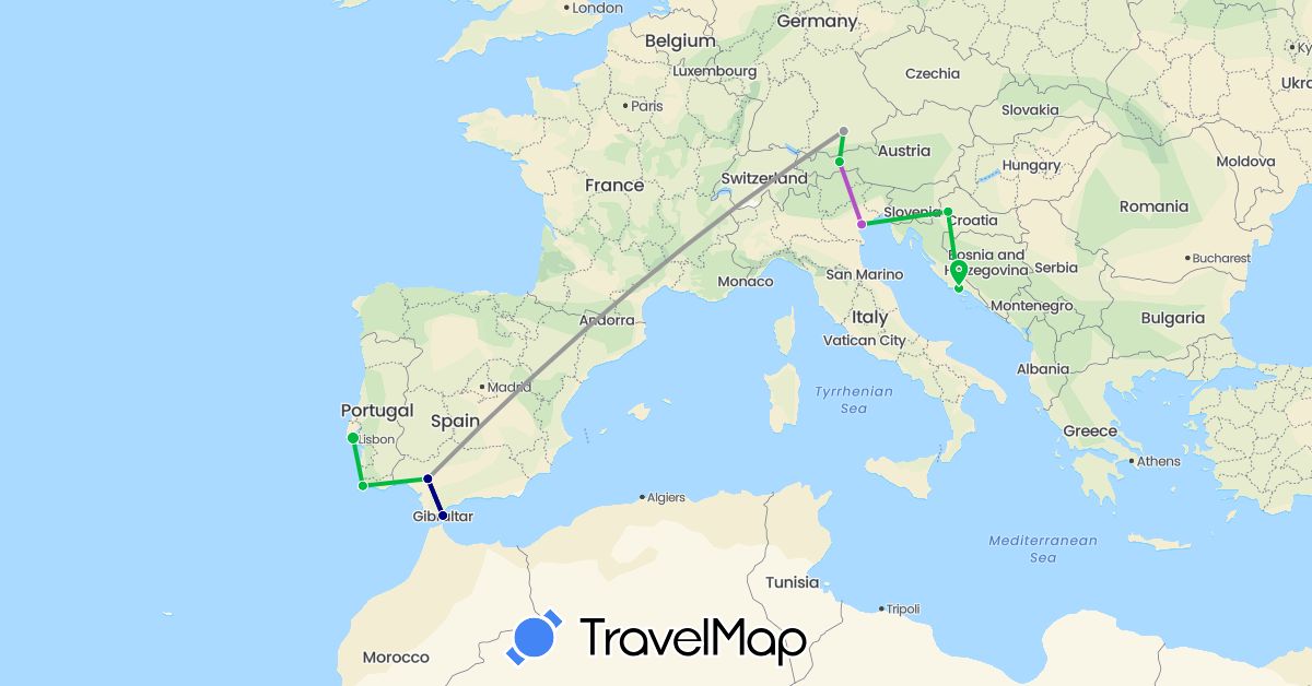 TravelMap itinerary: driving, bus, plane, train in Austria, Germany, Spain, Gibraltar, Croatia, Italy, Portugal (Europe)